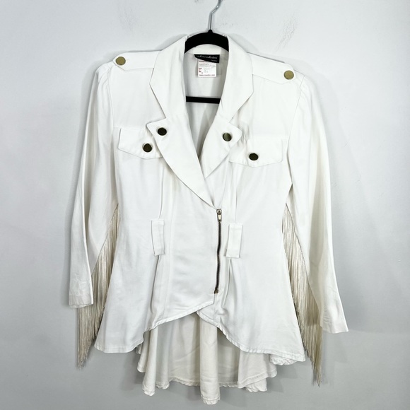 Vtg 80s 90s white power shoulder fringe sleeve military western peplum jacket 3 - Picture 3 of 17